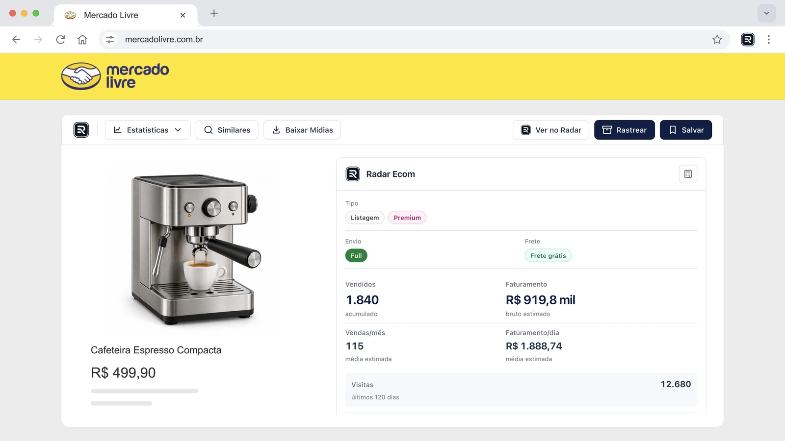 Página de um anúncio do Mercado Livre com a barra de ações RadarEcom e o painel de métricas na coluna de compra.